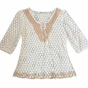 Solitaire Womens Boho Top Crochet Lace Cottage Romantic Peasant Sheer White M